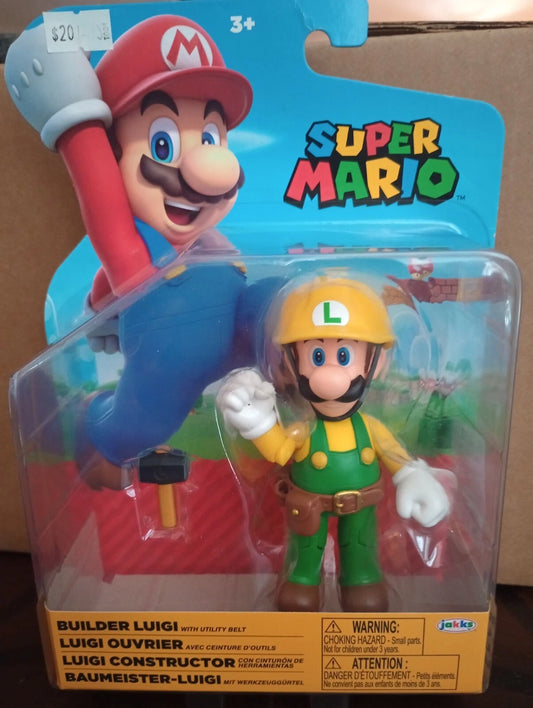 Jakks Pacific Super Mario BUILDER LUIGI 4” inch action Figure NEW Rare!!